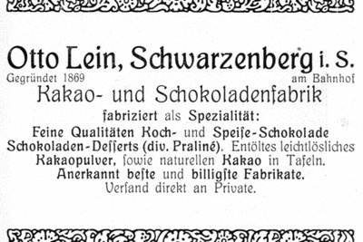 Anzeige der Schokoladenfabrik Otto Lein aus dem Erzgebirgischen Volksfreund von 1912.