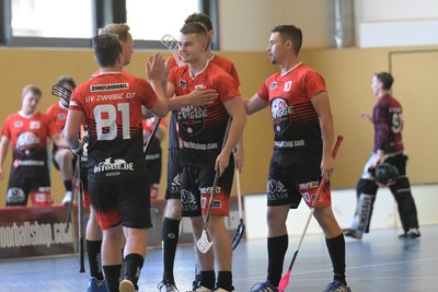 Der Zwickauer Luca Böhlmann (Mitte) hatte in der ersten Halbserie mit seiner Mannschaft viel zu feiern. Mit 21 Scorerpunkten (13 Tore/8 Vorlagen) ist er auf Platz 1 der Verbandsligarangliste.