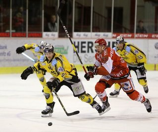 Timo Gams (l.), hier im Trikot der Baureuth Tigers, läuft künftig für die Eispiraten Crimmitschau auf.