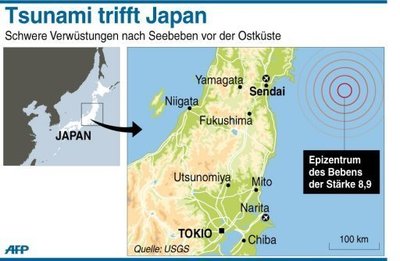 Ein schweres Erdbeben der Stärke 8,9 hat Japan erschüttert und für eine meterhohe Tsunami-Welle gesorgt. Das Epizentrum des Bebens lag im Pazifik vor der Küste der Hauptinsel Honshu etwa etwa 382 Kilometer nordöstlich von Tokio. Von der Tsunami-Welle besonders betroffen ist die Stadt Sendai, die zu großen Teilen überflutet wurde.