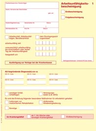 Auszahlschein und Arbeitsunfähigkeitsbescheinigung auf einem Formular.