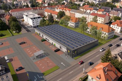 So hatten sich die Planer den Lidl-Markt an der Dresdner Straße in Freiberg im Jahr 2022 vorgestellt.
