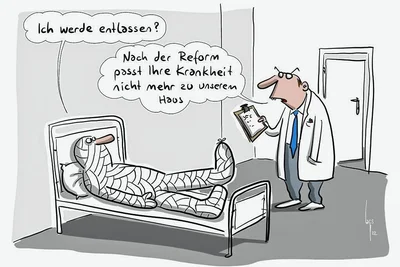 Die geplante Krankenhausreform ist nicht lustig. Dennoch bringt diese Karikatur das Thema auf den Punkt.