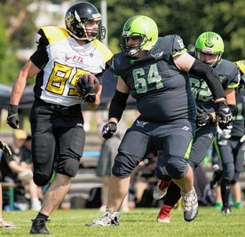 Auch wenn sie die Partie nicht drehen konnten, sorgte Rico Wolf (l.) mit seinem Touchdown für ein Aufbäumen der Freiberger. 