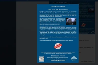 Der Ankündigungs-Flyer des „Freiberger Forums“ im Internet: Neben dem Stichwort „Rassenideologien“, mit dem der „Mainstrem“ Huss’ Theorie in Zusammenhang bringe, findet sich ein Link zu einem ZDF-Bericht über das Potsdamer Treffen.