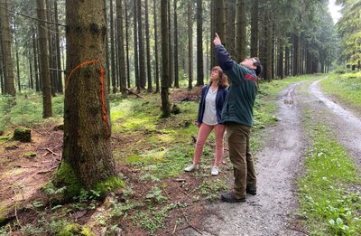 Revierförster Jan Zieger erläutert der Schönecker Hauptamtsleiterin Ute Dähn, welche Bäume in den nächsten Wochen entlang der Loipentrasse gefälltwerden sollen. 