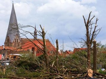 Entwurzelte Bäume und zerstörte Häuser vor der Stiftskirche in Bützow.