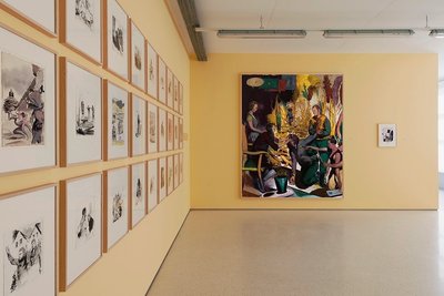 Blick in die Ausstellung "Vorder Mittel Hintergrund: Hartwig Ebersbach - Stefan Guggisberg - Neo Rauch" in Aschersleben. 