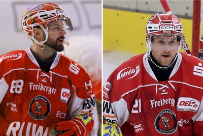 Sie bleiben bei den Eispiraten Crimmitschau: Dylan Wruck (links) und Mirko Sacher (rechts).