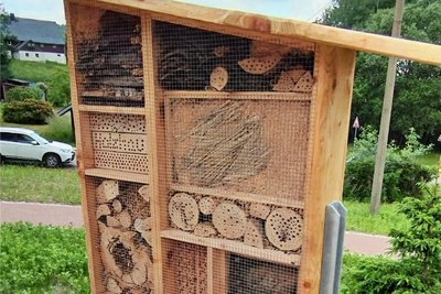 Zwei dieser Insektenhotels hat der Bauhof aufgebaut.
