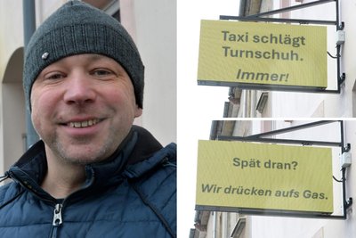 Mirko Espig wirbt mit eigenen Sprüchen für ein moderneres Taxi-Image in Freiberg.