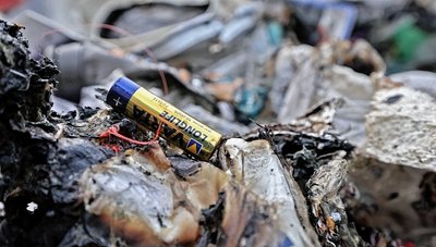 Die Batterie lag zwischen dem Plastikmüll, der in einem Sammelfahrzeug in Meerane in Brand geraten ist. 