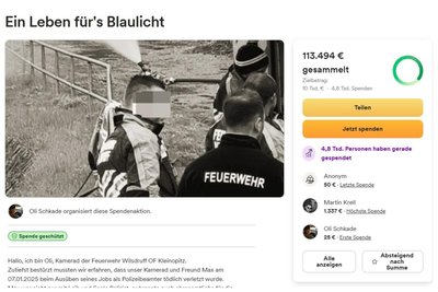 Mehr als 4800 Einzelspenden sind für die Hinterbliebenen des getöteten sächsischen Polizisten schon bis Donnerstagmittag auf der Plattform "Gofundme" eingegangen. Foto: Screenshot/Gofundme