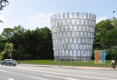 Peter Apfels Entwurf für die Edelstahl-Fassade. Über das Eins-Firmenlogo (rechts) und ein Wasserbecken ist noch nicht entschieden.