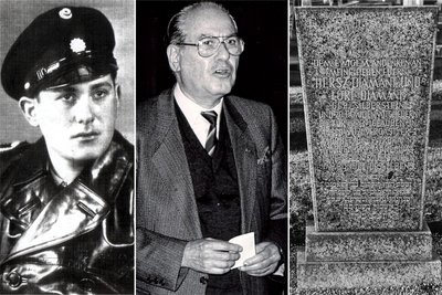 Adolf Diamant als junger Dolmetscher in Polizeiuniform nach 1945 und bei einer Gedenkveranstaltung im Jahr 1988. Der Gedenkstein steht auf dem Jüdischen Friedhof in Chemnitz.