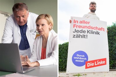 Sachsens Linken-Geschäftsführer Lars Kleba (r.) mit dem Plakat, das für Ärger sorgte. Die Serie „In aller Freundschaft“ (Szene, l.) läuft seit Oktober 1998 im MDR.