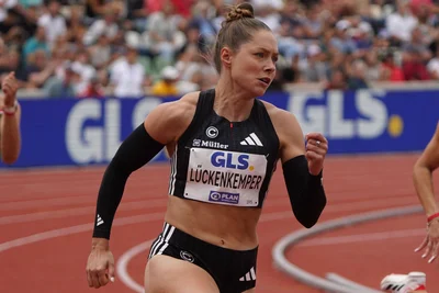 Gina Lückenkemper 2025 bei den Deutschen Meisterschaften in Dresden in Aktion. Beim Goldenen Oval am Sonntag stehen zwei 100-Meter-Sprints, Halbfinale und Finale, auf dem Programm.