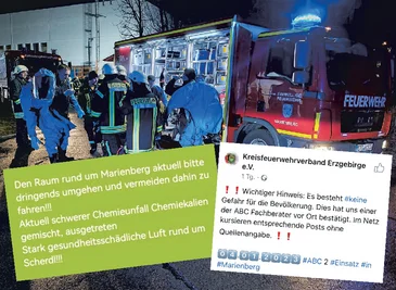 Links die Falschmeldung, die in sozialen Netzwerken die Runde machte. Rechts die Meldung, mit welcher der Kreisfeuerwehrverband auf die Behauptung reagierte. Im Hintergrund ein Bild vom Einsatz bei Scherdel. 