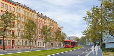 Entwurfsskizze: So könnte die Theaterstraße aussehen, wenn die Bahnen des Chemnitzer Modells darauf rollen.