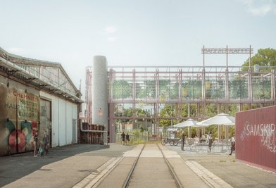 Die Visualisierung zeigt den "Bridge" genannten vorgesehenen Neubau über Straßenbahntrasse und Kappelbach, der mehrere Etagen haben soll. 