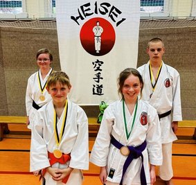 Theresa Weber (h. l.), Dean Wunderlich (v. l.), Johanna Weber und Ole Häreth gehören zum Karate-Nachwuchs des PSV Schwarzenberg. 