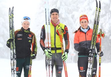 Julia Belger, Valentin Mättig und Katharina Hennig (von links) trainierten am Heiligabend und am zweiten Feiertag in Oberwiesenthal.