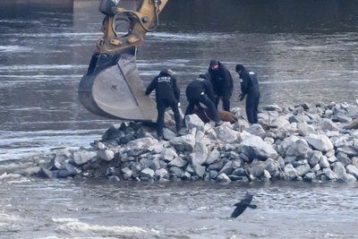 Mitarbeiter der Kampfmittelbeseitigung (KMBD) verladen nach der Entschärfung die Weltkriegsbombe an der Fundstelle auf der Baustraße für den Abriss der Carolabrücke in eine Baggerschaufel.