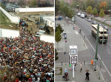 Die Bildkombo zeigt eine Menschenmasse, die sich am 10.11.1989 durch eine Mauerlücke an der Bernauer Straße in Berlin drängt und die Bernauer Straße fotografiert von derselben Stelle 2014.