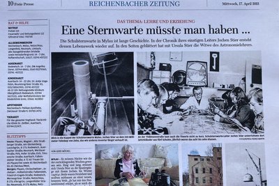 2013. Für „Freie Presse“ blätterte Ursula Stier in der Chronik der Schulsternwarte Mylau. Ihr 2004 verstorbener Mann Jochen Stier hatte die Warte 1967 in der einstigen Orchesterschule installiert, damit DDR-weit für Aufsehen gesorgt und den Astronomie-Unterricht mehrerer Schulen auf ein neues Level gehoben.