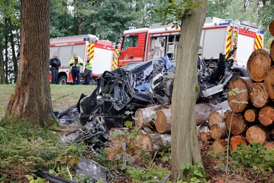 Das Wrack der C-Klasse blieb an einem Holzstapel liegen.