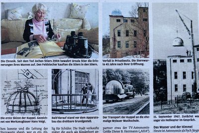 Die Fotos unten zeigen Konzipierung, Ausführung, Transport und Installation der Teleskop-Kuppel für die Schulsternwarte. Die drehbare Kuppel ist auch heute noch voll funktionsfähig. In Kürze wird dort sogar wieder ein Teleskop installiert - die Steuerung erfolgt dann jedoch computergesteuert.