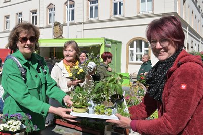 Mandy Fischer aus Schneeberg (l.) ist fündig geworden – rechts Sandra Krugel von der Gärtnerei Fuchs aus Hundsgrün.