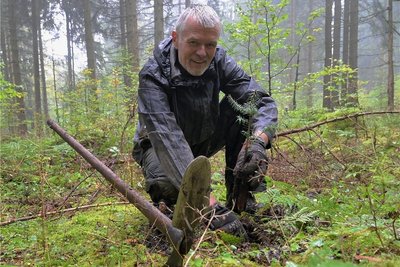 Bernhard Heeren aus Fürth packt als Teilnehmer eines Bergwaldprojektes im Eibenstocker Forst beim Pflanzen mit an. Der 66-jährige Kinderarzt hat dafür eine Woche Urlaub genommen. 