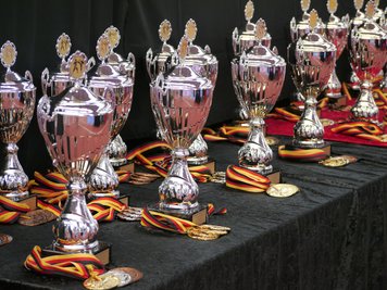 Um diese Pokale und Medaillen haben am Wochenende in Chemnitz bei der Deutschen Meisterschaft der Leistungsklasse und im Para-Karate ingesamt etwa 360 Athletinnen und Athleten gerungen.