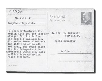 Postkarte aus dem Braunkohlekombinat Espenhain. Die Kumpel bringen ihre Sorge zum Schießbefehl zum Ausdruck.