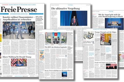 Die Titelseite der „Freien Presse“ vom 7. November 2024. An normalen Nachrichtentagen wäre jedes der drei großen Themen eine eigene Aufmachung gewesen.