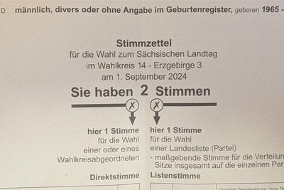 Die Stimmzettel in Wahllokalen, die für die repräsentative Wahlstatistik ausgewählt worden sind, tragen verschiedene Kennbuchstaben – in diesem Fall ein D – sowie eine Geschlechterzuordnung und eine Altersgruppe.