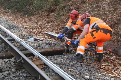 Mit viel Manneskraft werden die alten Bahnschwellen herausgezogen.