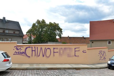 Diese Schmierereien an einer Mauer an der Pfarrgasse in Freiberg tauchten am Sonntagabend auf.
