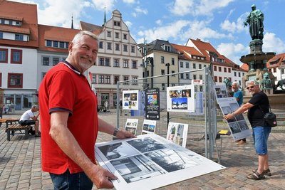 Eine fotografische Entdeckungsreise in die Partnerstädte Freibergs ermöglicht die Open-Air-Ausstellung "Gekreuzte Blicke III" auf dem Obermarkt. Zu den Mitinitiatoren gehört Claus Mildner von den Freiberger Fotofreunden.