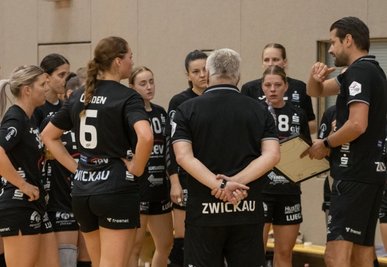 Norman Rentsch gibt den BSV-Handballerinnen bei dieser Auszeit taktische Hinweise mit auf den Weg. Später wurde er lauter. 