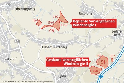 Sechs größere Gebiete (hellrot) im Viereck Lugau, Seifersdorf, Ursprung und Oberlungwitz betrachtet der „Raumordnungsplan Wind“ als geeignet für Windräder.