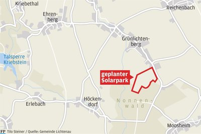 Hier soll der Solarpark im Kriebsteiner Ortsteil entstehen: Auf dem Bild ist die inzwischen 34 Hektar verkleinerte Fläche umrissen.