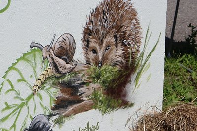 Liebevoll bemalt und gestaltet: Der Eingang für Igel außen am Turm. Im Inneren stehen ihnen für den Unterschlupf Kisten mit Stroh bereit.