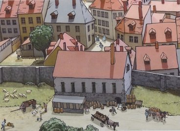 Das kommunale Brauhaus in Reichenbach um 1833, gezeichnet vom Mylauer Illustrator Jörg Halsema. 