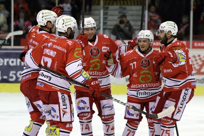 Torjubel bei den Eispiraten nach dem 2:0 von Thomas Reichel.