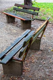 Schlechte Wege und unbrauchbar gewordene oder gemachte Sitzbänke im Richard-Wagner-Park.