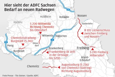 An diesen Trassen in Mittelsachsen sollten Radwege gebaut werden, fordert der ADFC.