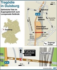Das Unglück auf der Love-Parade ereignete sich am Samstag kurz nach 17.00 Uhr an einem überfüllten Tunnel, dem zentralen Zugang zu dem Partygelände am alten Duisburger Güterbahnhof.
