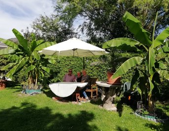 Familientreffen im Tropengarten in Niederwiesa: Peter Kotschiks Partnerin Heidemarie Müller (Mitte) mit Verwandten zwischen den üppig sprießenden Bananen. 